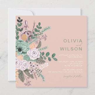 Bohemian Sage Green  & Blush Chic Floral Flowers Invitation