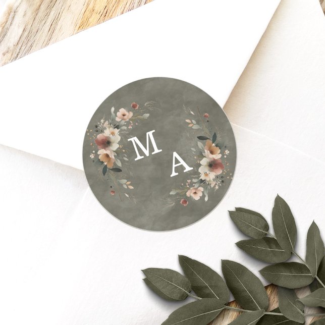 Bohemian Sage Green Floral Wreath Wedding Monogram Classic Round Sticker (Seal your wedding details with love using our custom monogram stickers, tailored for elegance.)