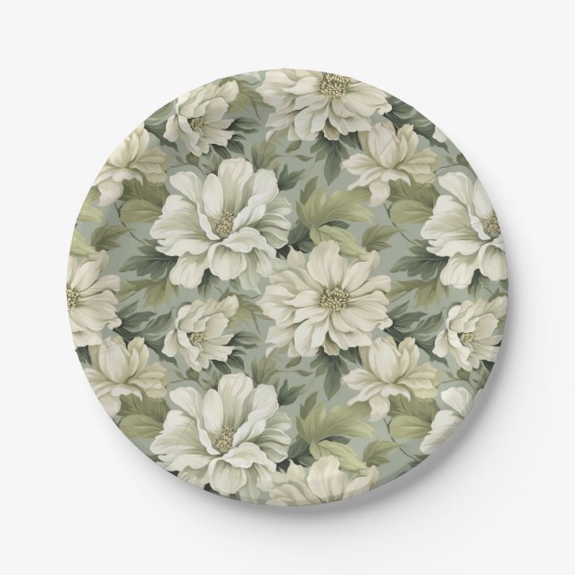 Bohemian sage green flowers paper plates (Front)