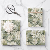Ivory Ecru Leaves Floral Art Pattern On Sage Green Tissue Paper