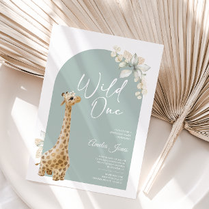 Bohemian Sage Green Giraffe Wild One Birthday Invitation