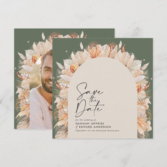 Bohemian sage green pampas grass stylish trendy save the date (Front/Back)