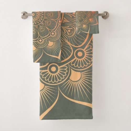 Bohemian Sage Green Peach Mandala Bath Towel Set