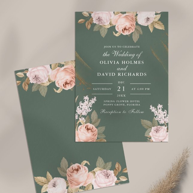Bohemian Sage Green Peonies Wedding Invitation (Bohemian Sage Green Peonies Wedding Invitation on table)