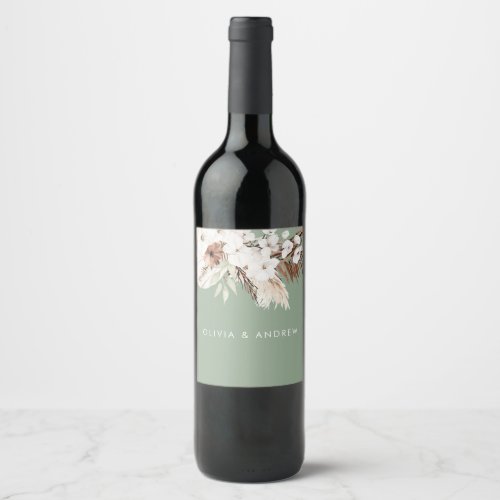 Bohemian Sage Modern Floral Wedding Name Wine Label