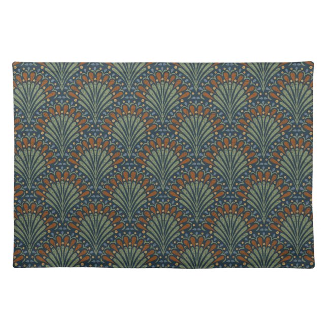 Bohemian Scallops Fan, Olive, Rust, Navy Blue Cloth Placemat (Front)