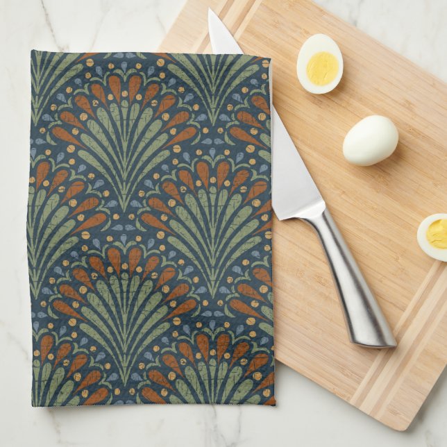 Bohemian Scallops Fan, Olive, Rust, Navy Blue Kitchen Towel (Quarter Fold)