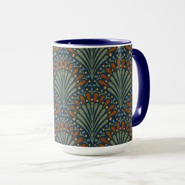 Bohemian Scallops Fan, Olive, Rust, Navy Blue Mug (Front Right)