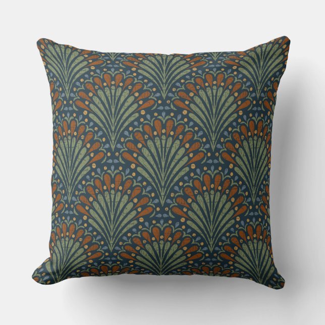 Bohemian Scallops Fan, Olive, Rust, Navy Blue Throw Pillow (Front)