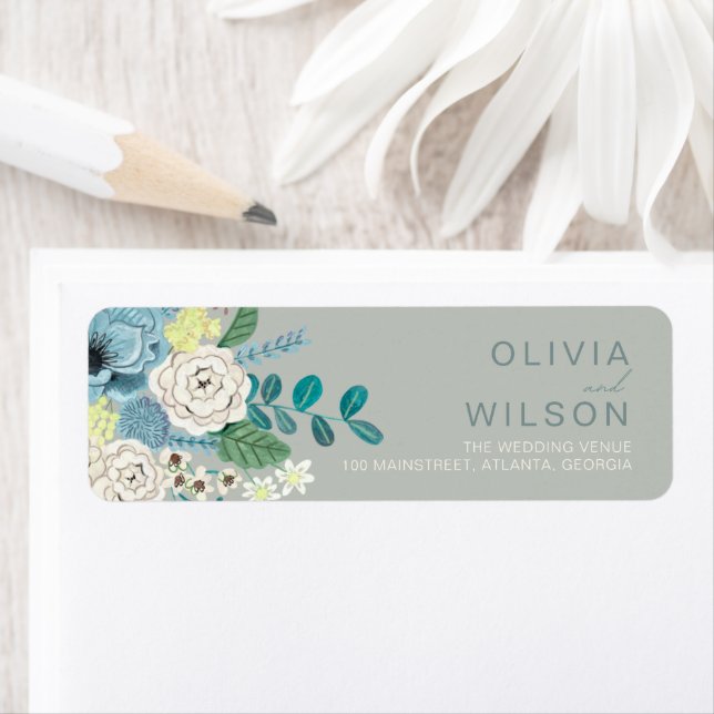Bohemian Sea Greens Chic Floral Flowers Label (Insitu)
