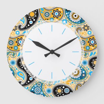 Bohemian Seventies Retro Blue And Gold Paisley Large Clock by VillageDesign at Zazzle