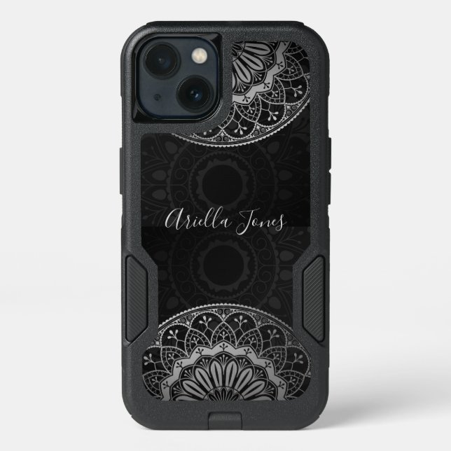 Bohemian Silver Mandala On Charcoal Gray Otterbox iPhone Case (Back)