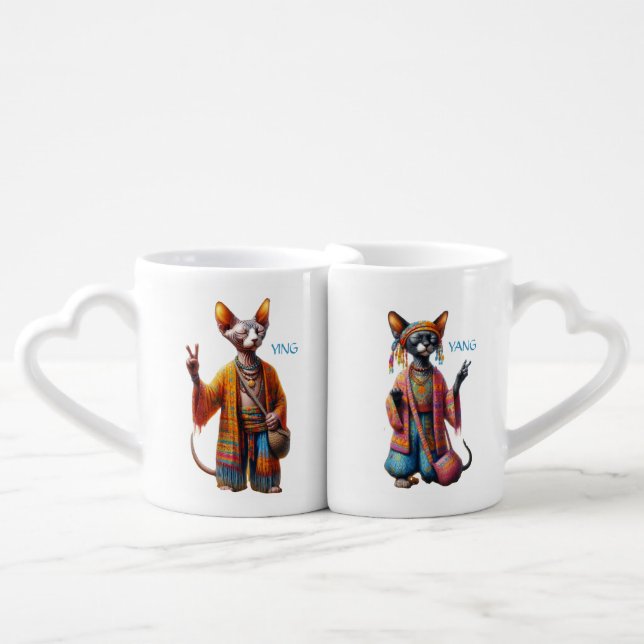 Bohemian Sphynx Cat Couple matching Coffee Mug Set (Front Nesting)