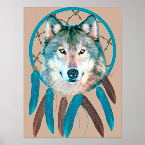 Bohemian Spirit Wolf Dream Catcher Poster