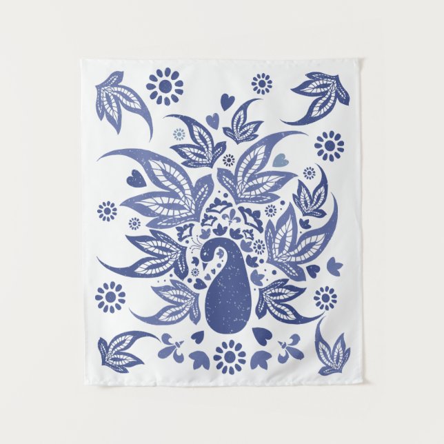 Bohemian Style Blue and White Peacock Tapestry (Front)
