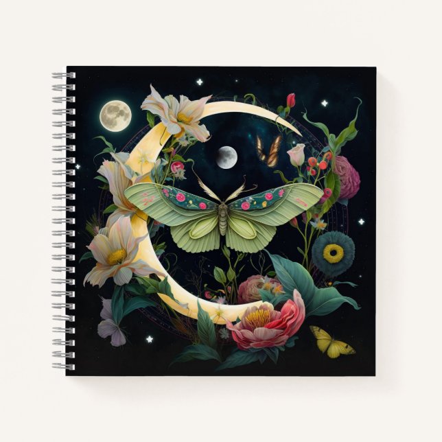Bohemian Style Moth Moon and Flowers  Notebook (Front)
