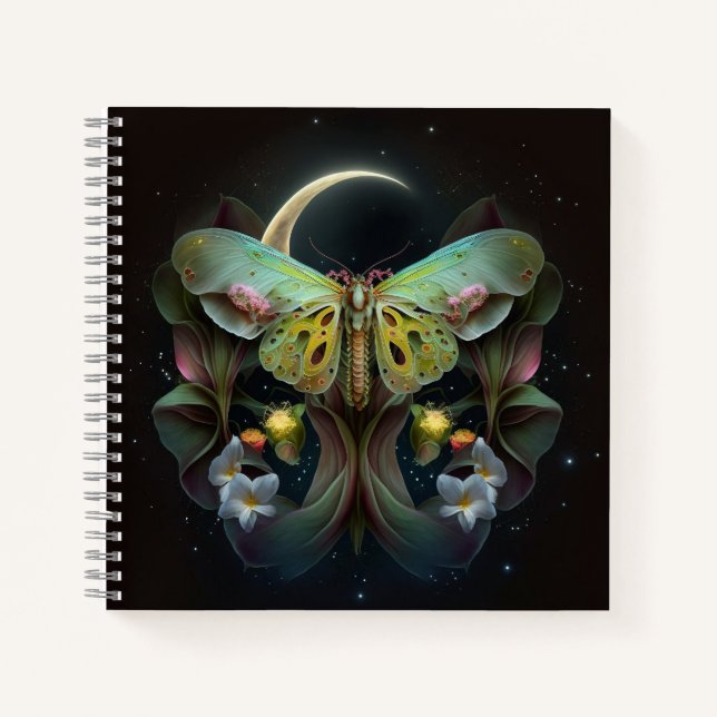 Bohemian Style Moth Moon and Flowers  Notebook (Front)