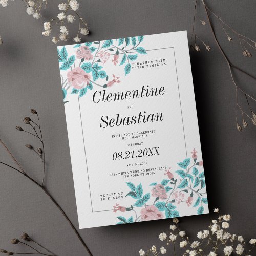 Bohemian style pink teal gray floral wedding  invitation