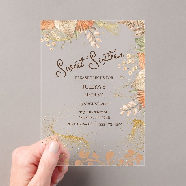 Bohemian style sweet 16 Birthday Party  Acrylic Invitations (Insitu (Handheld))