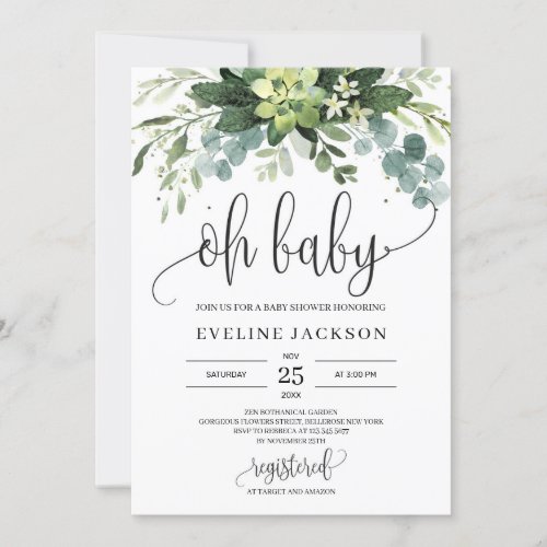 Bohemian succulent leaves floral oh baby shower invitation