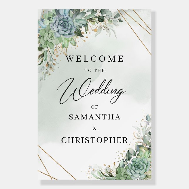 Bohemian succulents flowers gold wedding welcome foam board (Front)