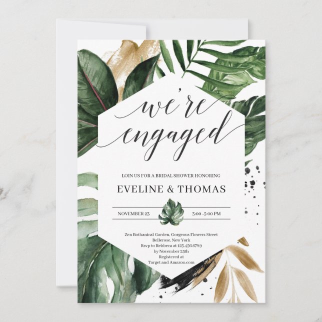 Bohemian summer tropical leaves engagement invitation (Front)