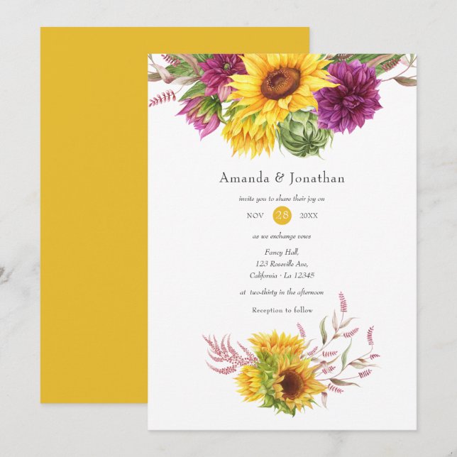 Bohemian Sun and Burgundy Plum Floral Wedding Invitation (Front/Back)