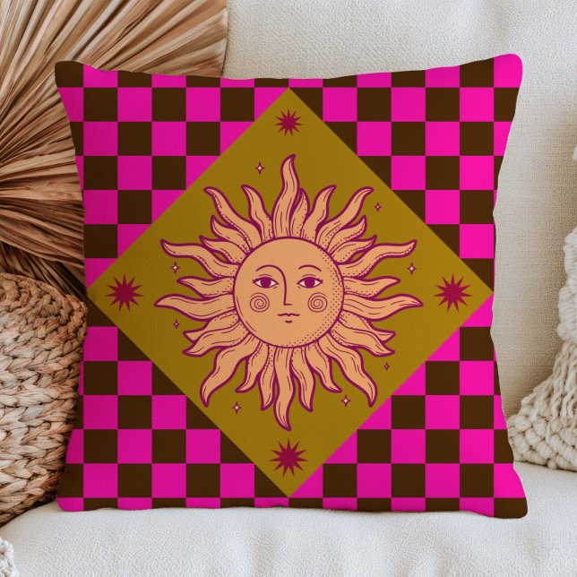 Bohemian Sun Face on Fuchsia Checkered Pattern Throw Pillow (Creator Uploaded)