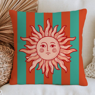 Bohemian Sun Face on Teal& Terracotta Stripes Throw Pillow