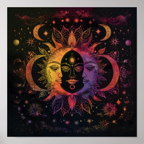 Bohemian Sun Moon Stars Mandala Black Matte Art Poster