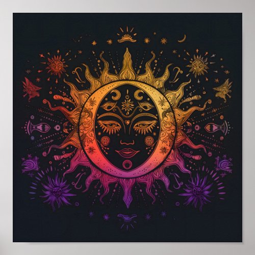Bohemian Sun Moon Stars Mandala Black Matte Art  Poster