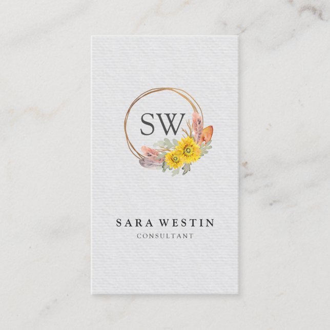 Bohemian Sunflowers Monogram Consultant Business Card (Front)
