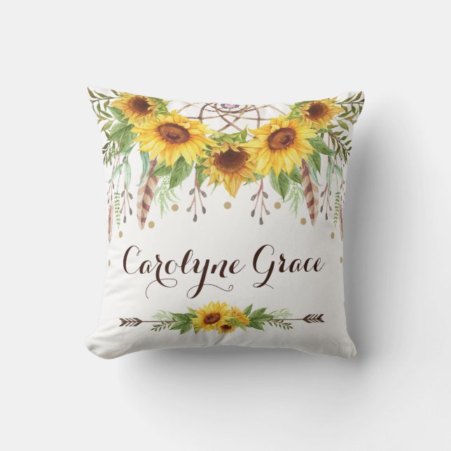 Bohemian Sunflowers Summer Dreamcatcher Nursery Throw Pillow (Front)