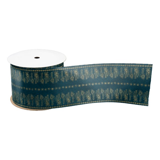 Bohemian Teal and Gold Foil Peacock Pattern Satin Ribbon (Spool)