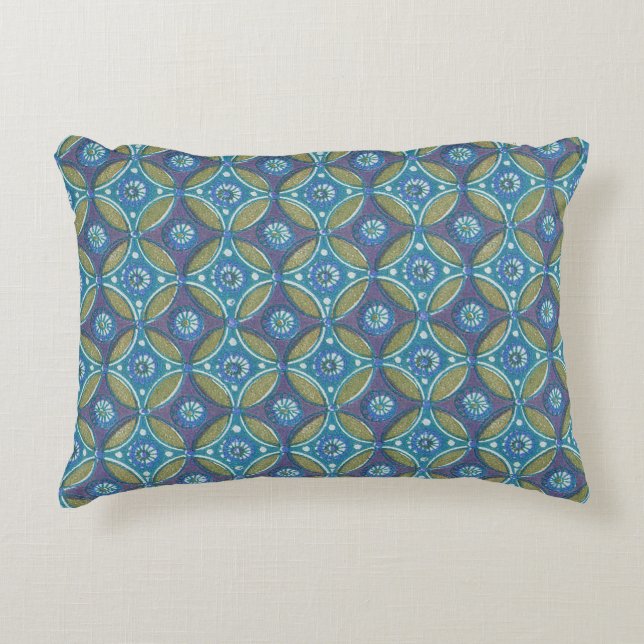 Bohemian Teal and Purple Mosaic Floral Pattern Accent Pillow (Front)