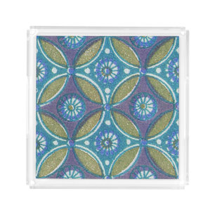 Bohemian Teal and Purple Mosaic Floral Pattern Acrylic Tray