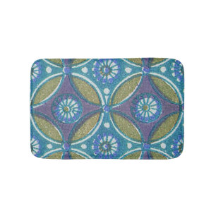 Bohemian Teal and Purple Mosaic Floral Pattern Bath Mat