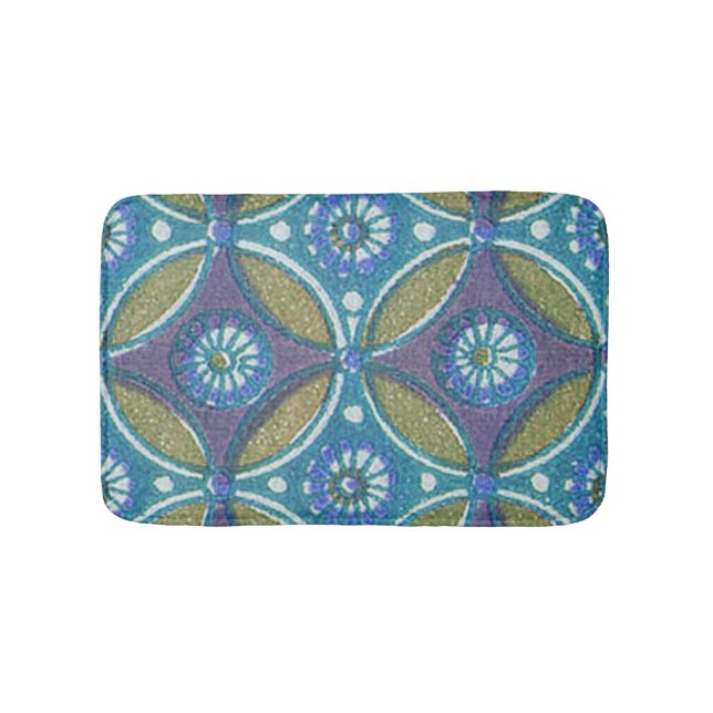 Bohemian Teal and Purple Mosaic Floral Pattern Bath Mat (Front)