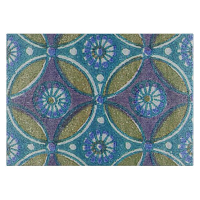 Bohemian Teal and Purple Mosaic Floral Pattern Cutting Board (Front)