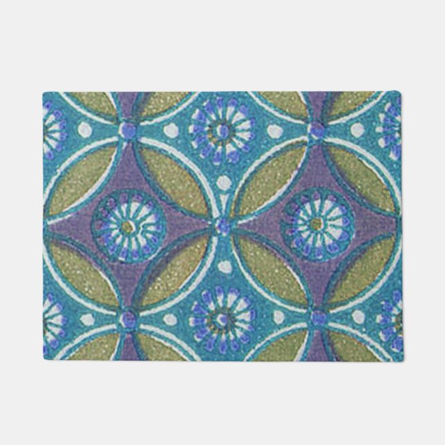 Bohemian Teal and Purple Mosaic Floral Pattern Doormat (Front)