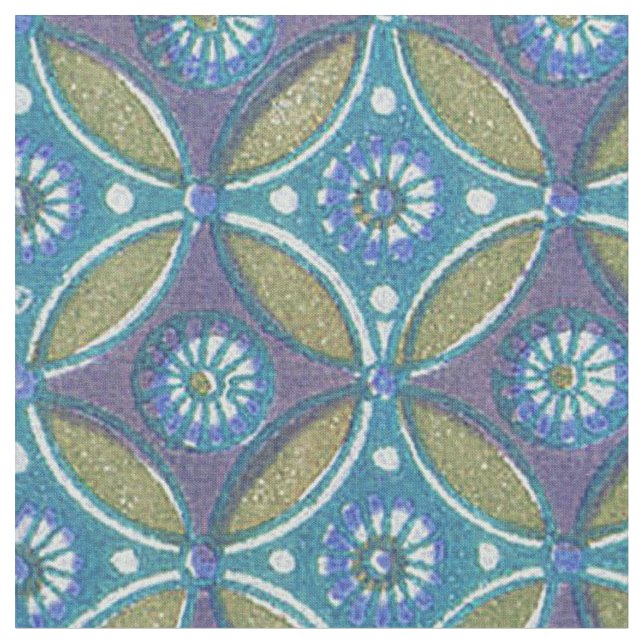 Bohemian Teal and Purple Mosaic Floral Pattern Fabric (Close Up)