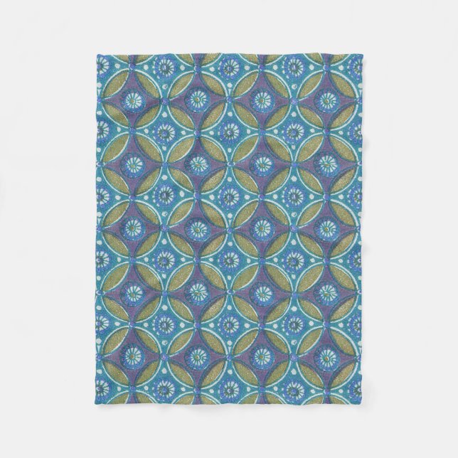 Bohemian Teal and Purple Mosaic Floral Pattern Fleece Blanket (Front)