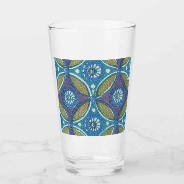 Bohemian Teal and Purple Mosaic Floral Pattern Glass (Front)