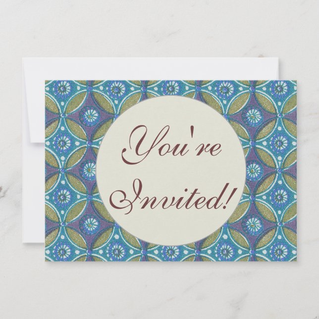 Bohemian Teal and Purple Mosaic Floral Pattern Invitation (Front)