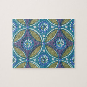 Bohemian Teal and Purple Mosaic Floral Pattern Jigsaw Puzzle