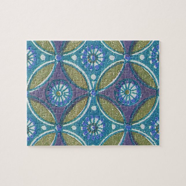 Bohemian Teal and Purple Mosaic Floral Pattern Jigsaw Puzzle (Horizontal)