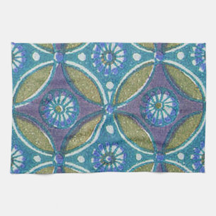 Bohemian Teal and Purple Mosaic Floral Pattern Kitchen Towel
