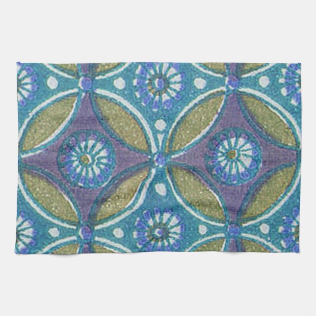 Bohemian Teal and Purple Mosaic Floral Pattern Kitchen Towel (Horizontal)