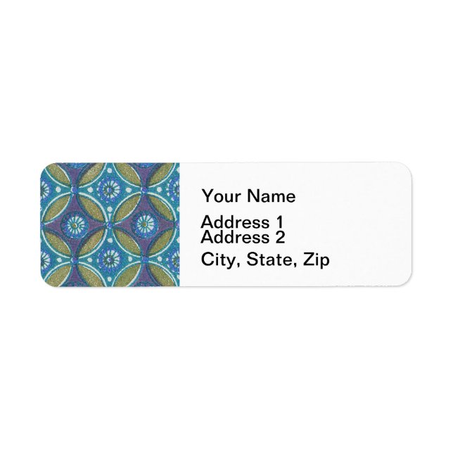 Bohemian Teal and Purple Mosaic Floral Pattern Label (Front)