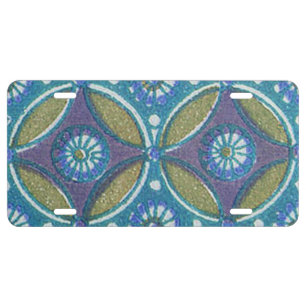 Bohemian Teal and Purple Mosaic Floral Pattern License Plate